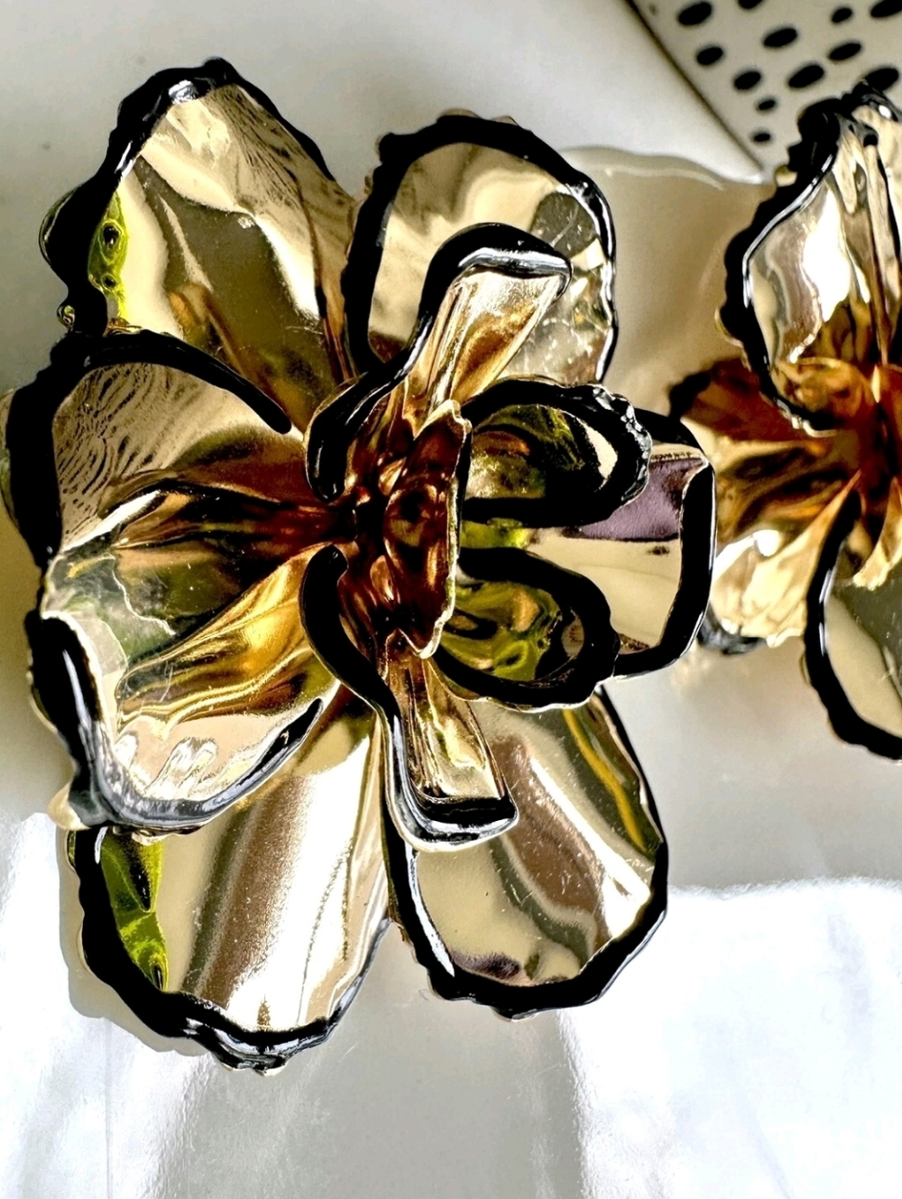Shiny Gold Black Enamel Outline Floral Statement Stud Earrings 1.86"x1.86"; NWOT